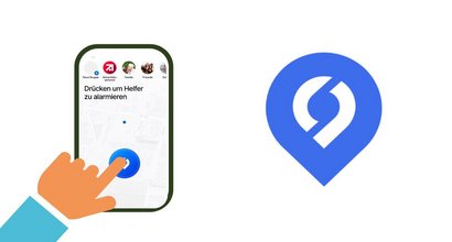 Zwei Elemente Links ist ein Smartphone abgebildet, auf dessen Bildschirm die App SaveNow geöffnet ist. Die App zeigt eine Karte mit einem blauen Kreis und einem großen blauen Button, der dazu auffordert, "Helfer zu alarmieren". Oben auf dem Bildschirm befinden sich Icons für verschiedene Gruppen wie "Sicherheit", "Familie" und "Freunde". Rechts im Bild ist das Logo der App.