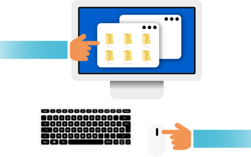Ein Computerbildschirm mit Tower, Tastatur und Maus ist zu sehen. Zwei Hände zeigen auf den Bildschirm, auf dem gelbe Ordner zu erkennen sind, und die Maus.