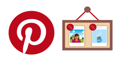 Pinterest Logo, daneben eine Pinnwand mit zwei Fotos. Eine Frau die winkend in die Kamera lächelt und eine illume Kaffeetasse.