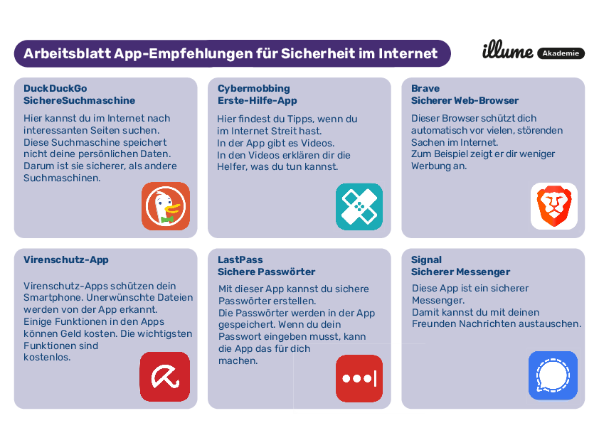 Ein Arbeitsblatt mit Empfehlungen für Smartphone Apps zur sicheren Internetnutzung