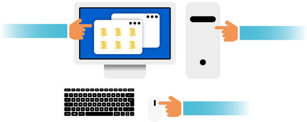 Ein Computerbildschirm mit Tower, Tastatur und Maus ist zu sehen. Drei Hände zeigen auf den Bildschirm, auf dem gelbe Ordner zu erkennen sind, einen Tower und die Maus.