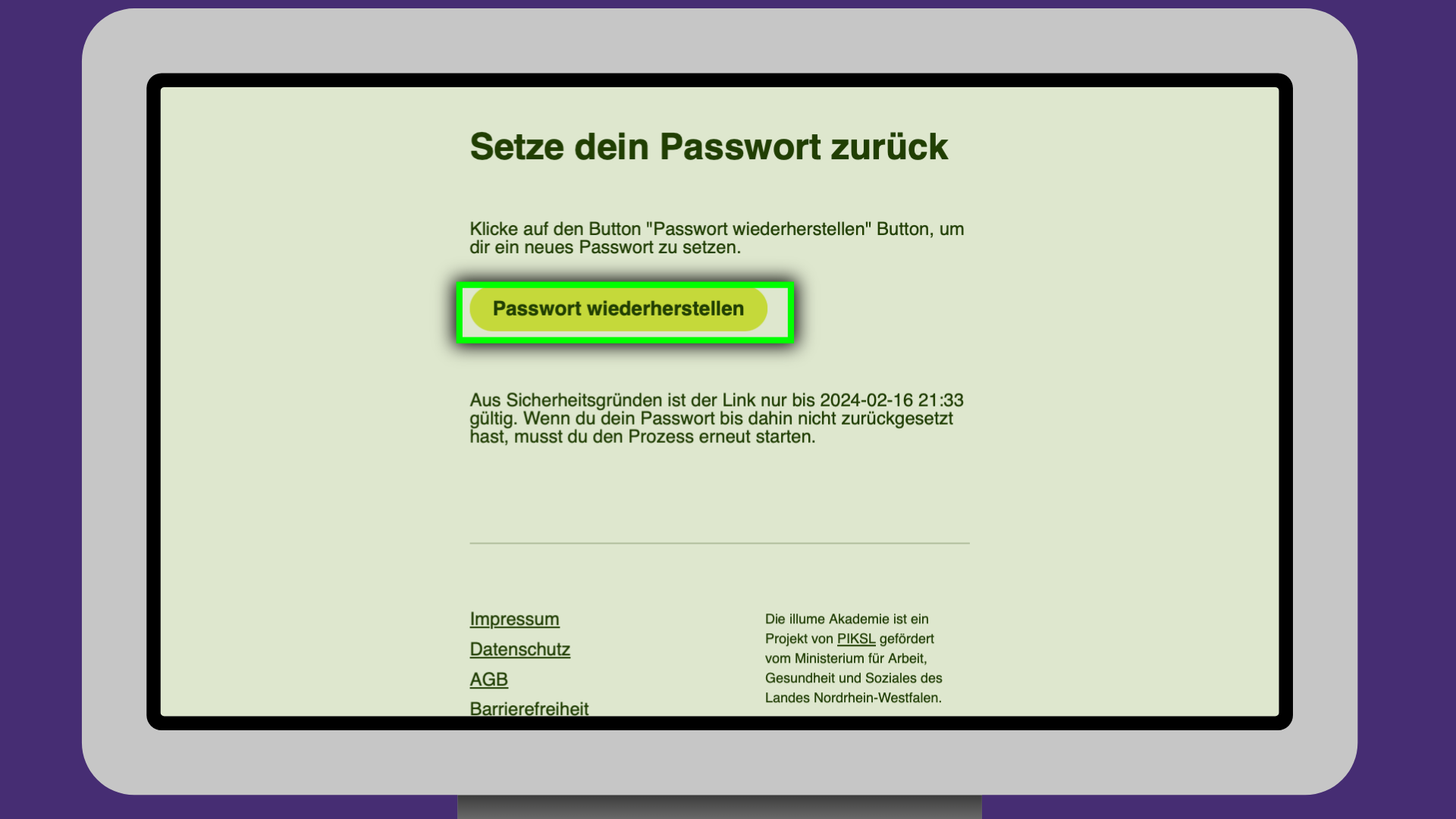 Die Bestätigung-Email ist auf einem Bildschirm abgebildet. Der Button "Passwort wiederherstellen" ist markiert.