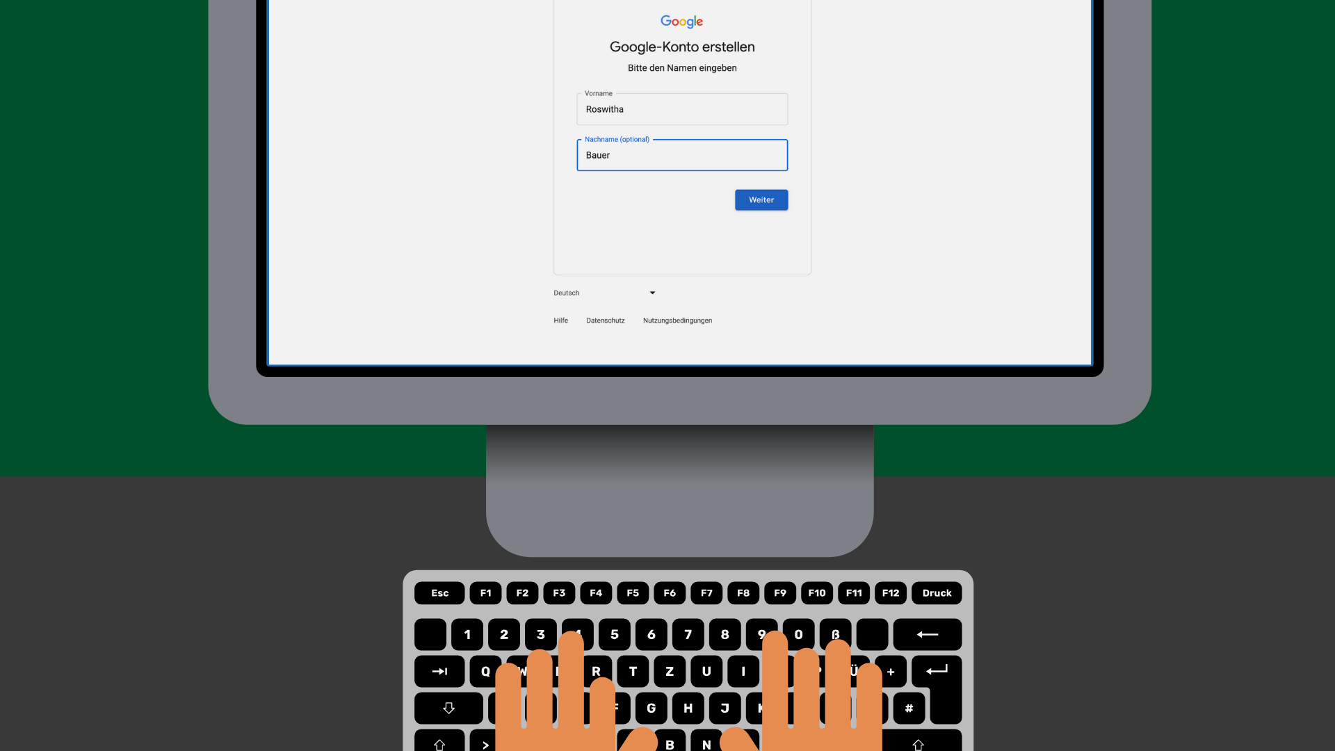 Auf einem Bildschirm ist eine Internetseite, auf der man den eigenen Namen eingeben soll. Darunter ist eine Tastatur mit Händen, die schreiben.