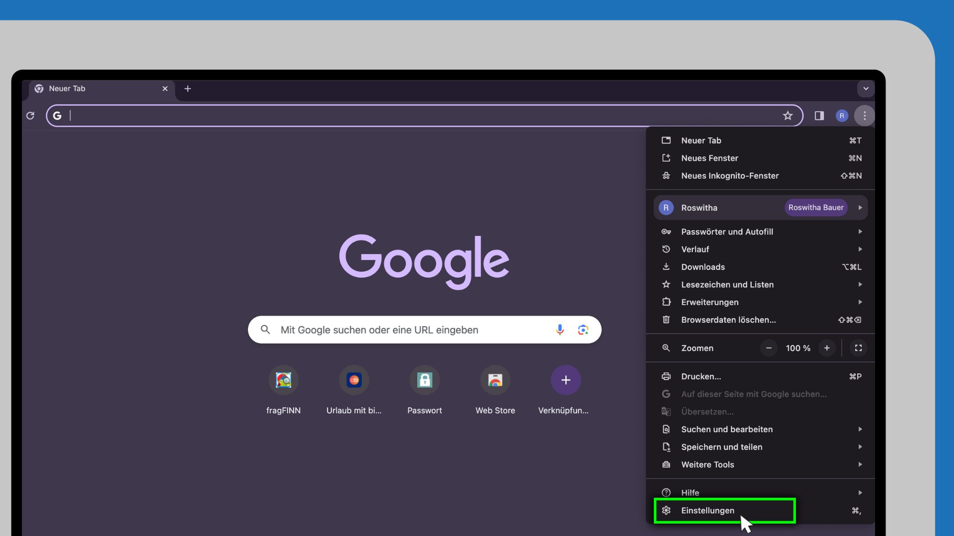 Die vergrößerte Ecke eines Computerbildschirms wird angezeigt. Darauf ist das geöffnete Menü des Chrome-Browsers zu sehen. Der Menüpunkt "Einstellungen" ist ausgewählt.