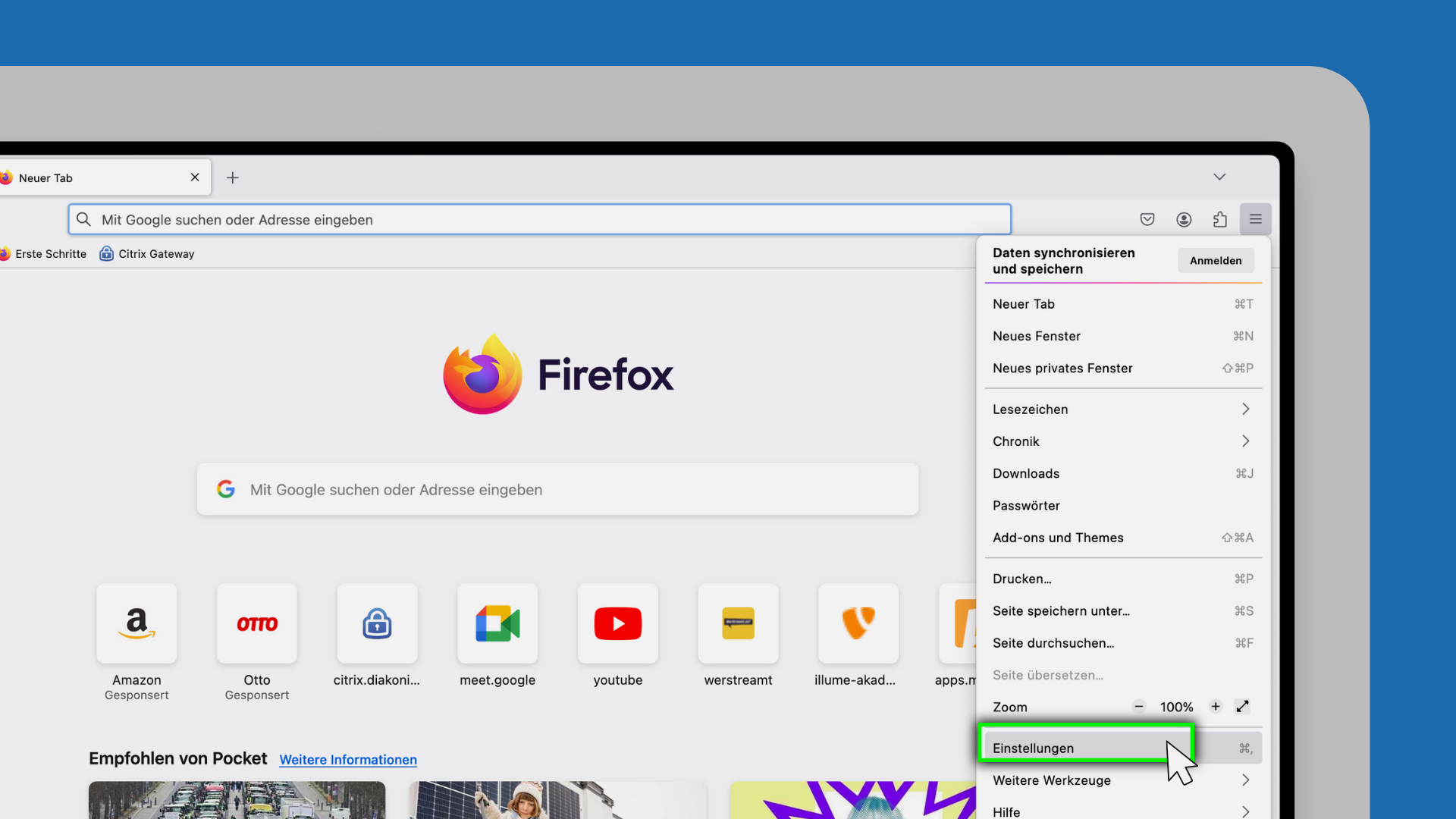 Die vergrößerte Ecke eines Computerbildschirms wird angezeigt. Darauf ist das geöffnete Menü des Firefox-Browsers zu sehen. Der Menüpunkt "Einstellungen" ist ausgewählt.