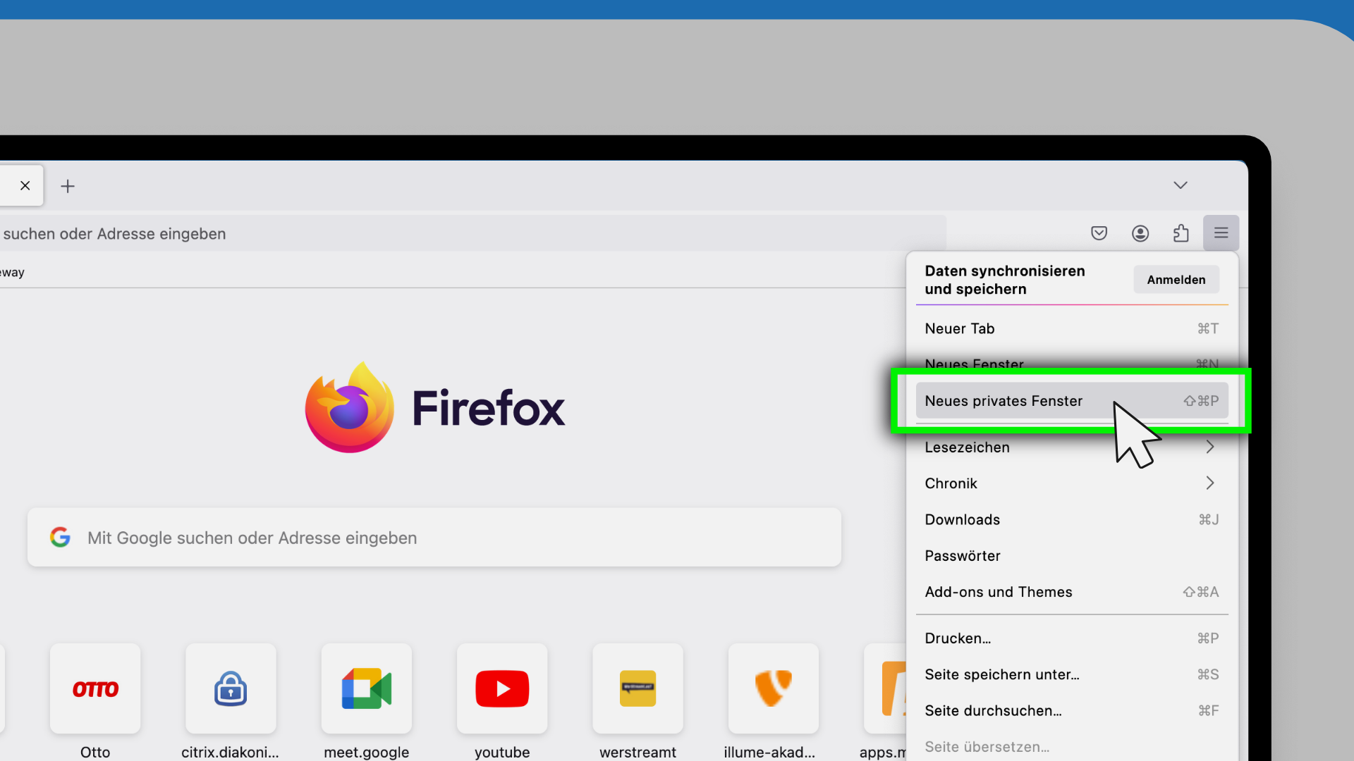 Im Firefox-Menü ist der Punkt „Neues privates Fenster“ markiert und ausgewählt.