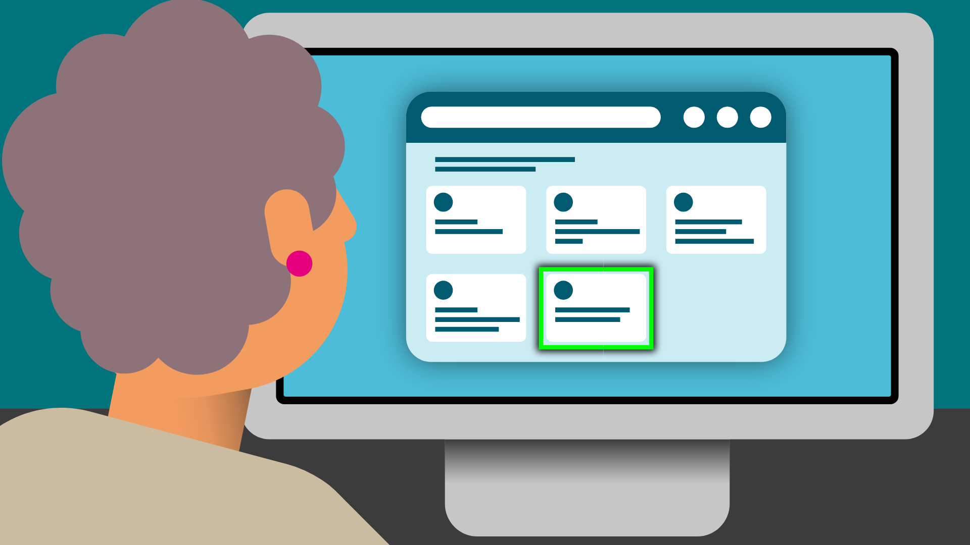 Eine alte Frau mit lockigen grauen Haaren sitzt vor einem Bildschirm. Darauf eine Internetseite mit verschiedenen abstrakten Auswahlfeldern. Eins ist grün markiert.
