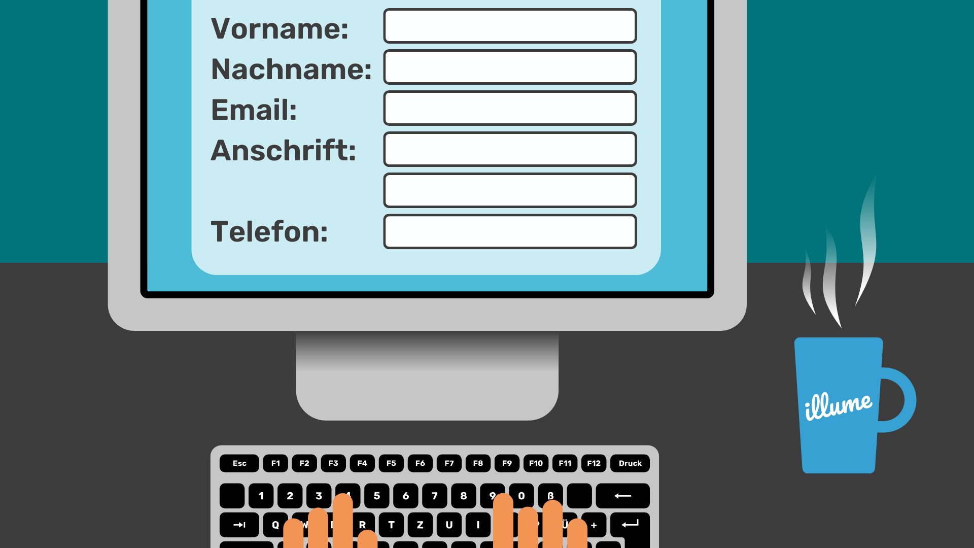Ein Bildschirm mit geöffneter Anmeldeseite mit den Feldern: Vorname, Nachname, Email, Anschrift und Telefon.