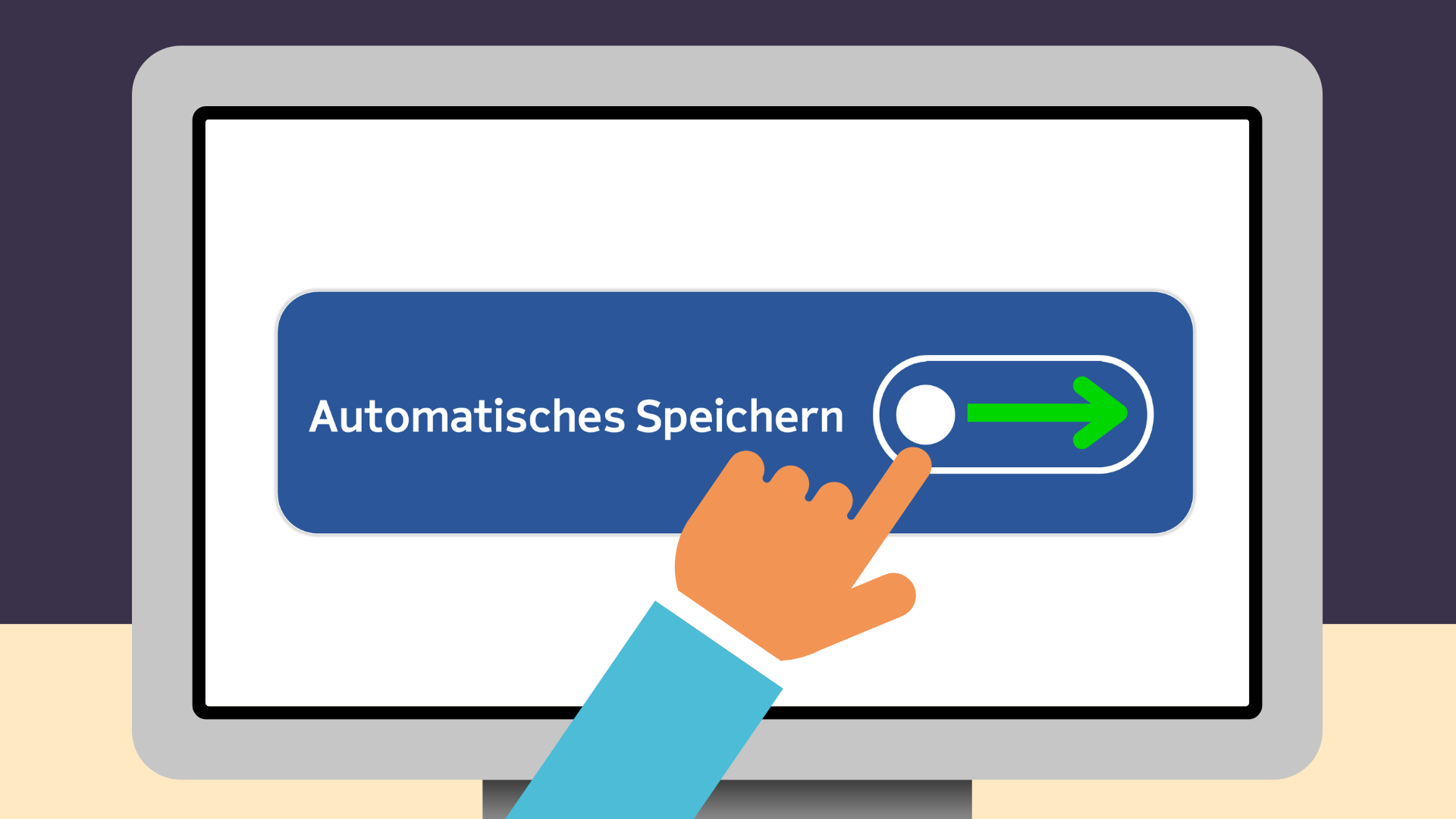 Bildschirm mit großem "Automatisch Speichern" Button. Eine Hand zieht den Ein/Aus Knopf von links nach rechts.