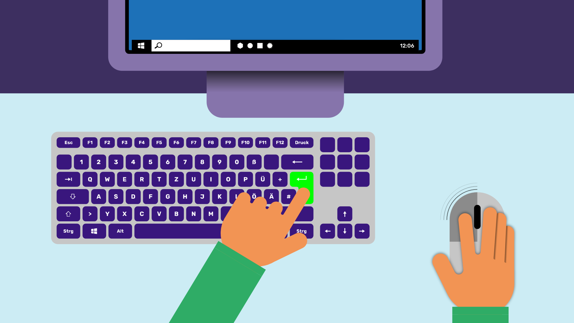 Ein Computer mit Maus und Tastatur. Eine Hand zeigt auf die grün markierte Enter Taste. Die andere Hand liegt auf der Maus und klickt die linke Maustaste.