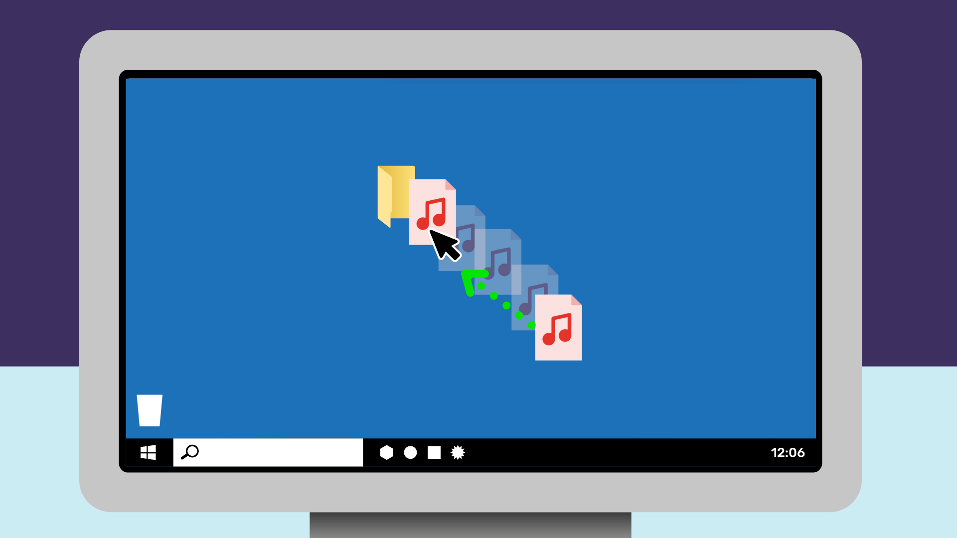 Ein Computerbildschirm mit Desktop. Eine Musikdatei wird mit dem Mauszeiger in einen Ordner gezogen.