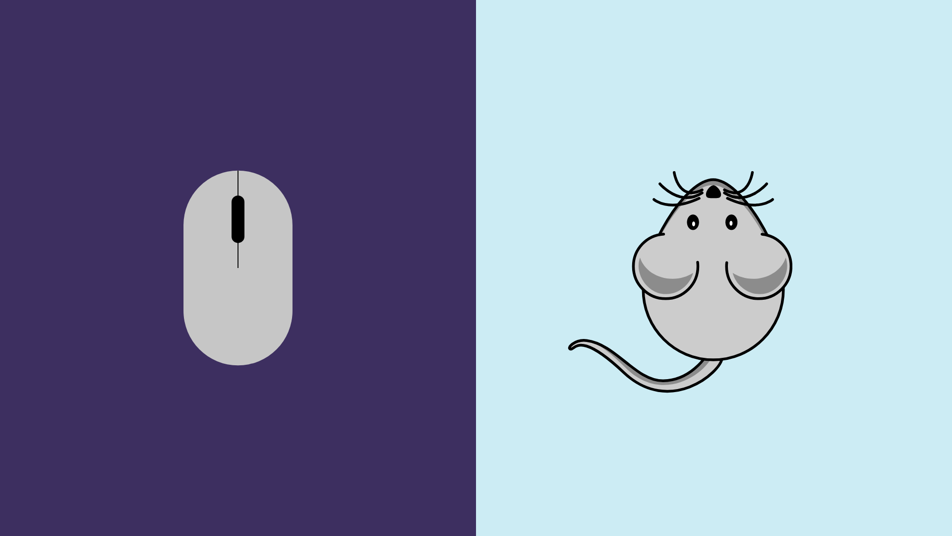 Auf der linken Seite eine Computermaus auf der rechten Seite ist eine Zeichnung von dem Tier Maus.