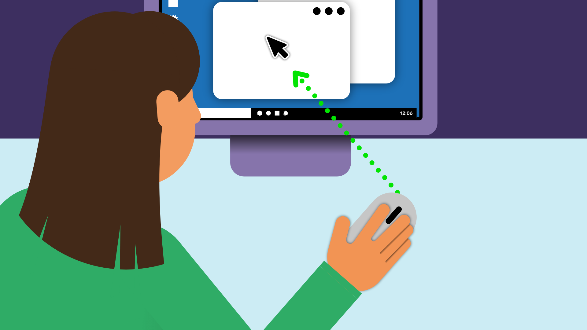 Eine Frau sitzt vor einem PC. Ihre rechte Hand liegt auf der Computermaus. Von der Computermaus geht eine gestrichelte Linie zum Mauszeiger auf dem Bildschirm.