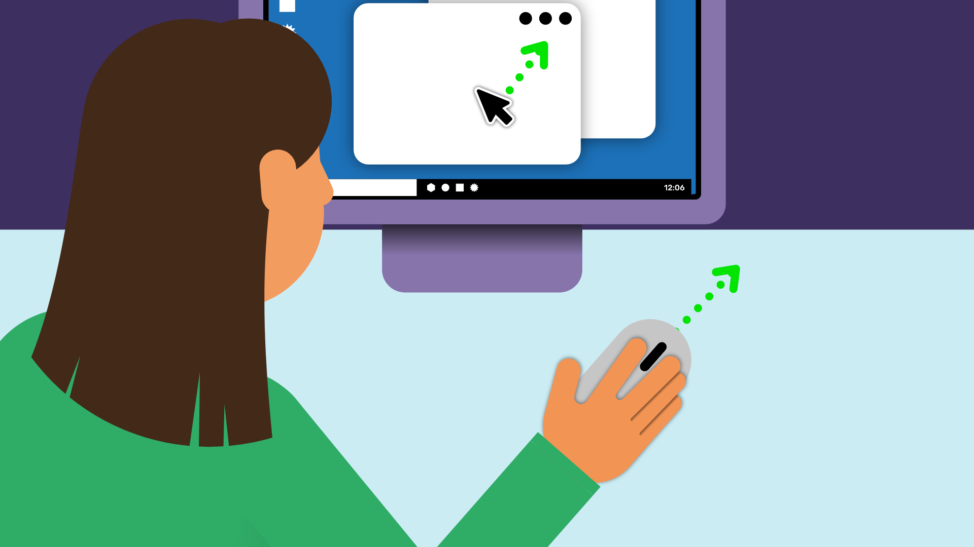 Eine Frau sitzt vor einem PC. Ihre rechte Hand liegt auf der Computermaus. Von der Computermaus geht eine gestrichelte Linie mit eine Peil nach oben rechts. Auf dem Bildschirm ist ein Mauszeiger von dem auf eine gestrichelte Linie mit einem Pfeil ebenfalls nach oben rechts geht.