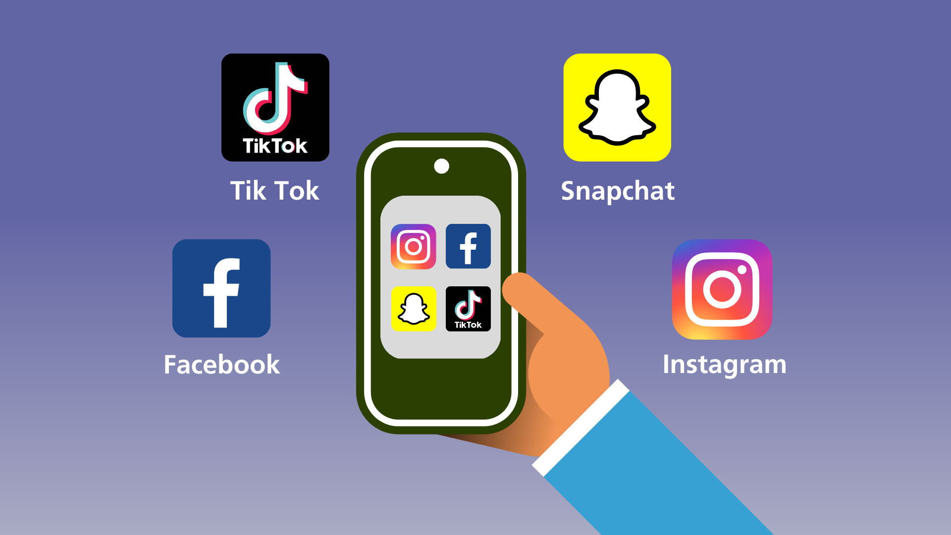 Eine Hand hält ein Handy. Auf dem Display sind Social Media Apps. Um das Handy herum sind die Icons von Snapchat, Instagram, Facebook und TikTok