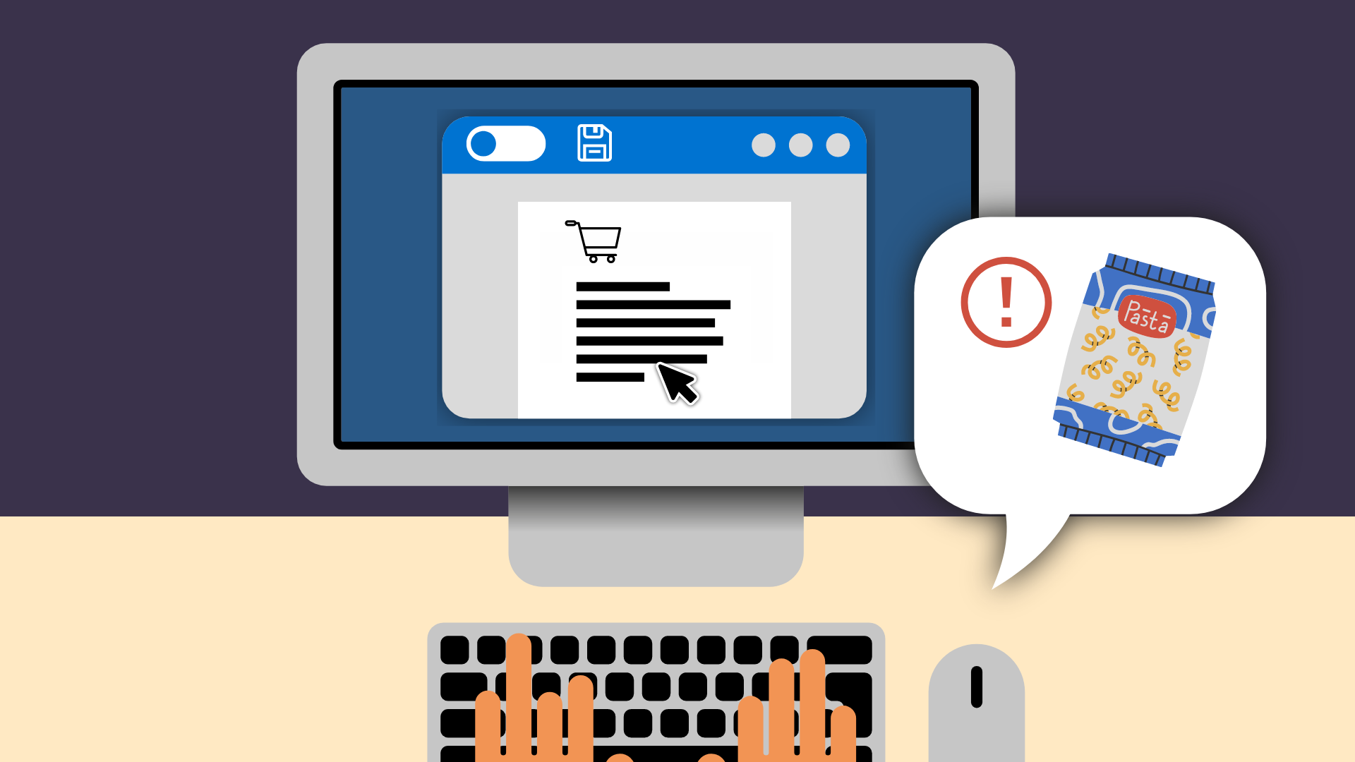 Ein PC Bildschirm mit geöffneten Word Dokument mit einer Einkaufsliste. Davor zwei Hände auf einer Tastatur. Daneben eine Sprechblase mit einer Tüte Nudeln und einem roten Ausrufezeichen.