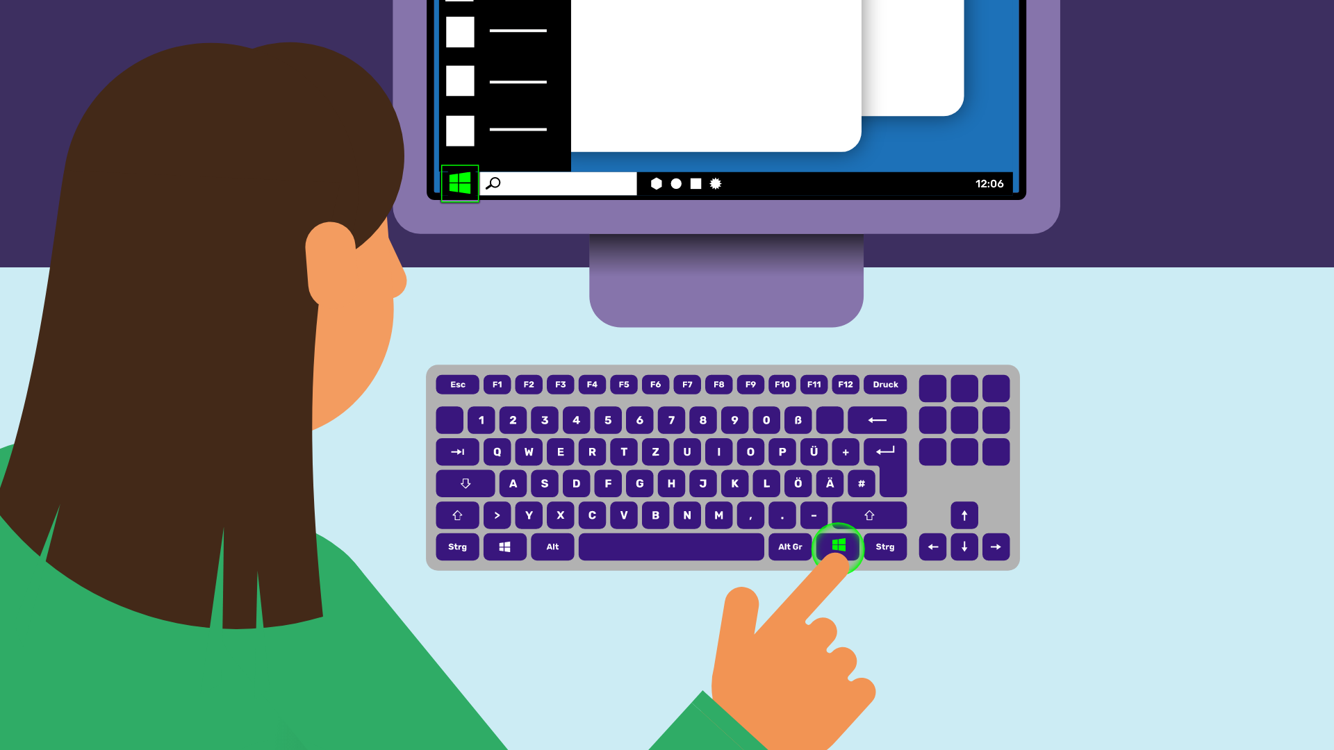Eine Frau sitzt vor einem PC. Sie tippt mit dem Finger auf die Windows Taste auf der Tastatur. Auf dem Bildschirm ist das Windows Menü geöffnet und das Windowssymbol unten rechts grün markiert.