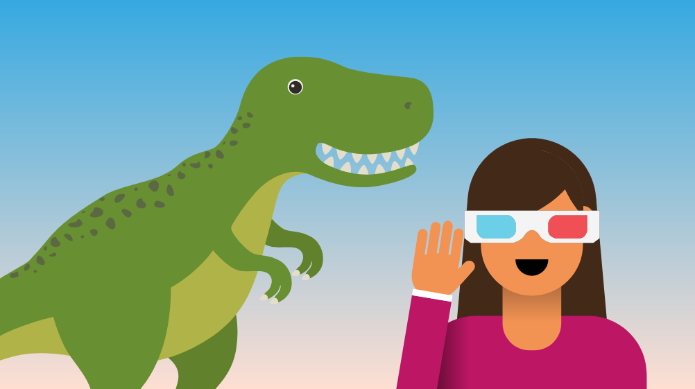 Eine Frau mit 3D Brille. Das linke Brillenglas ist blau und das rechte Brillenglas ist rot. Neben ihr steht ein Dinosaurier.
