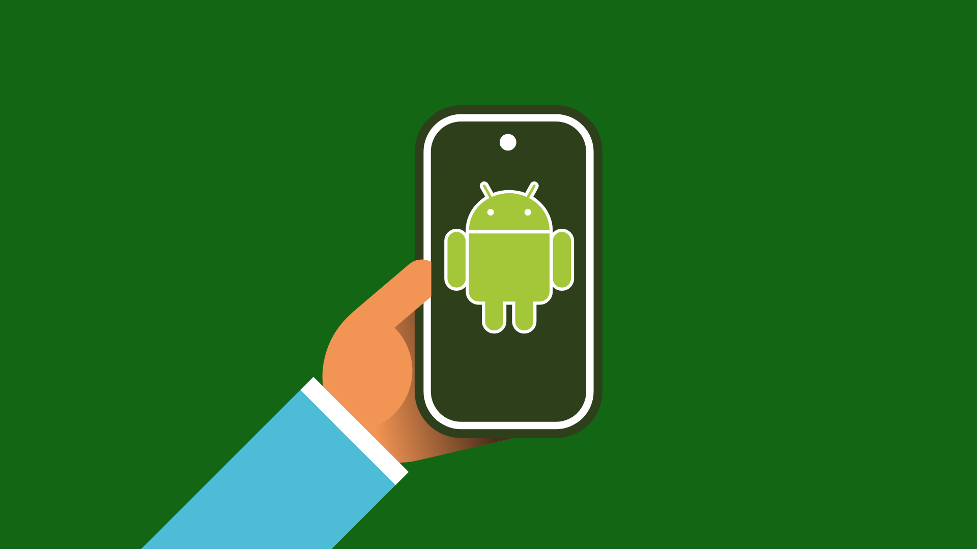 Eine Hand hält ein Smartphone hoch. Auf dem Display vom Smartphone wird das Logo von Android gezeigt.