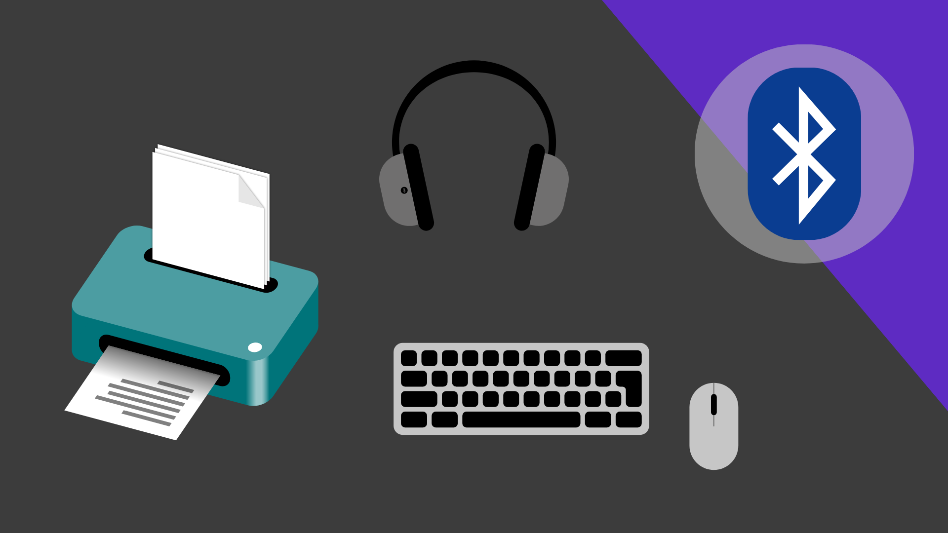 Zu sehen ist ein Drucker, Kopfhörer, eine Tastatur und eine Computermaus. Oben rechts befindet sich das Bluetooth Symbol.