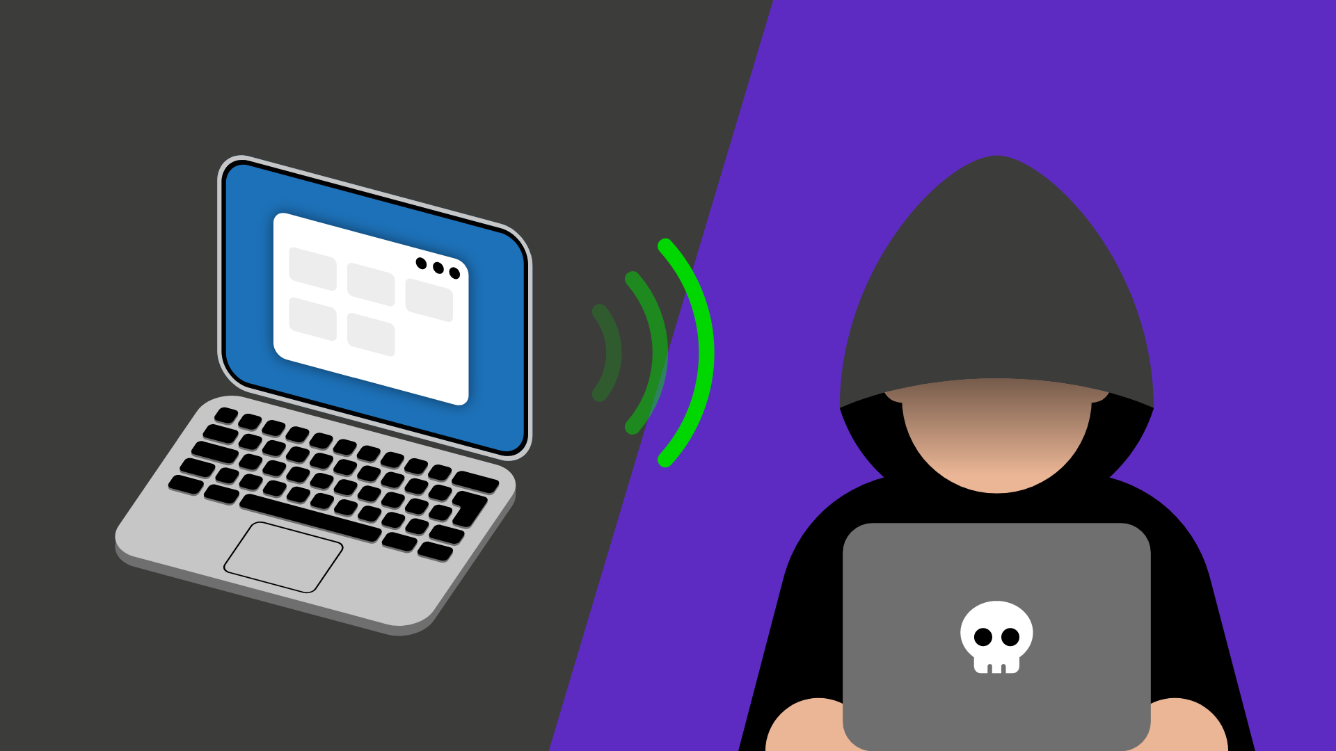 In der linken Bildhälfte ist ein Laptop zu sehen. Rechts ein Mann mit Kapuze der vor einem Laptop sitzt. Zwischen beiden sind Funkwellen abgebildet.