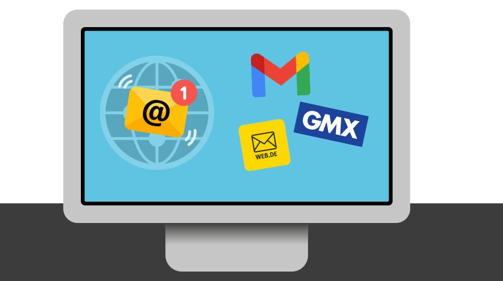Auf dem Bild steht ein Computerbildschirm auf einem schwarzen Untergrund. Auf dem Bildschirm sieht man das Logo der E-Mail Anbieter GMX, web und Gmail. Daneben auf dem Bildschirm sieht man ein E-Mail Postfach Symbol mit einer neuen Nachricht.