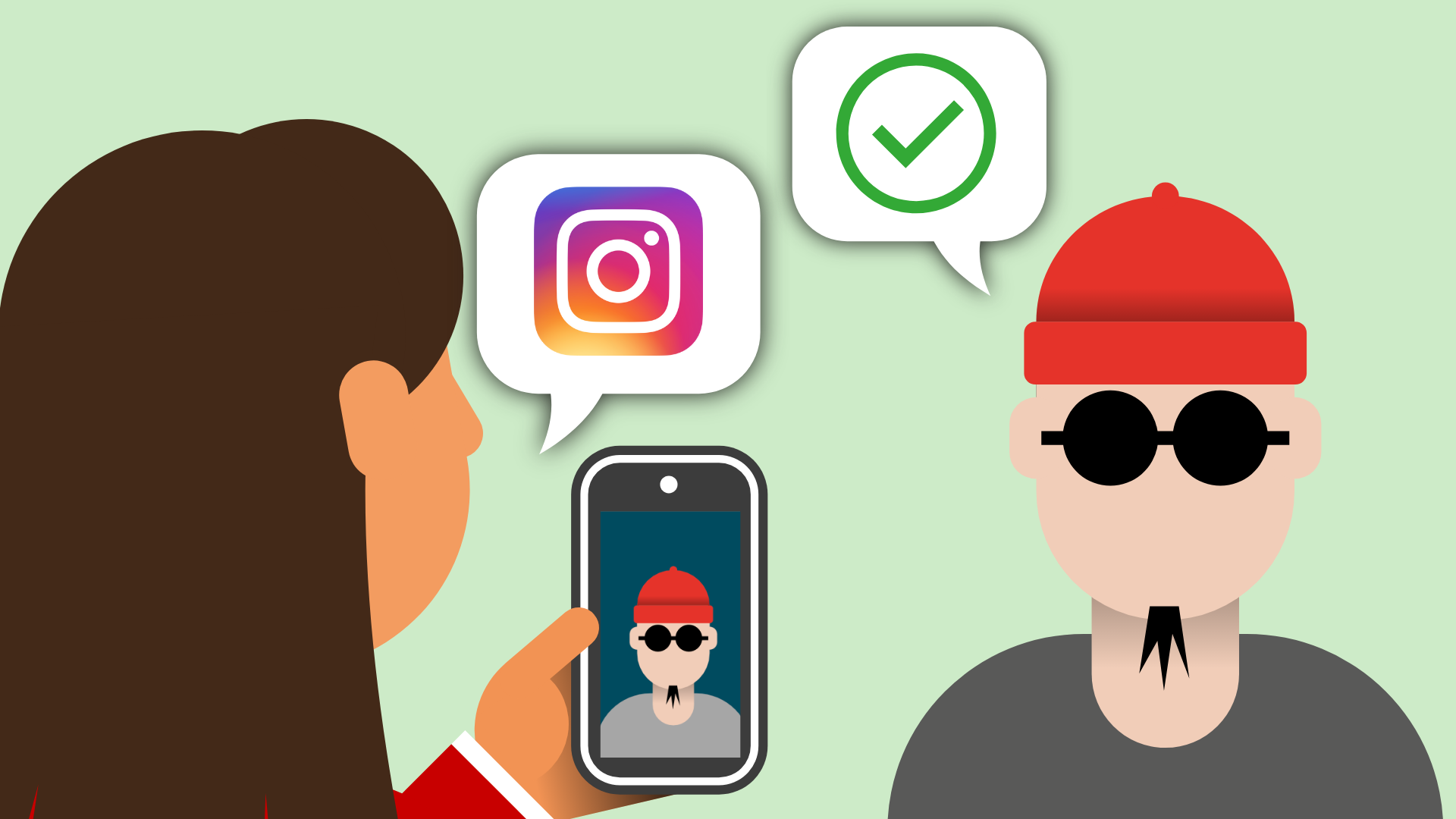  Eine Illustration zeigt eine Person, die ein Smartphone betrachtet, auf dem ein Mann mit roter Mütze abgebildet ist, der identische Mann steht neben dem Handy. Über dem Handy sind Sprechblasen mit einem Instagram-Logo und einem grünen Häkchen zu sehen.