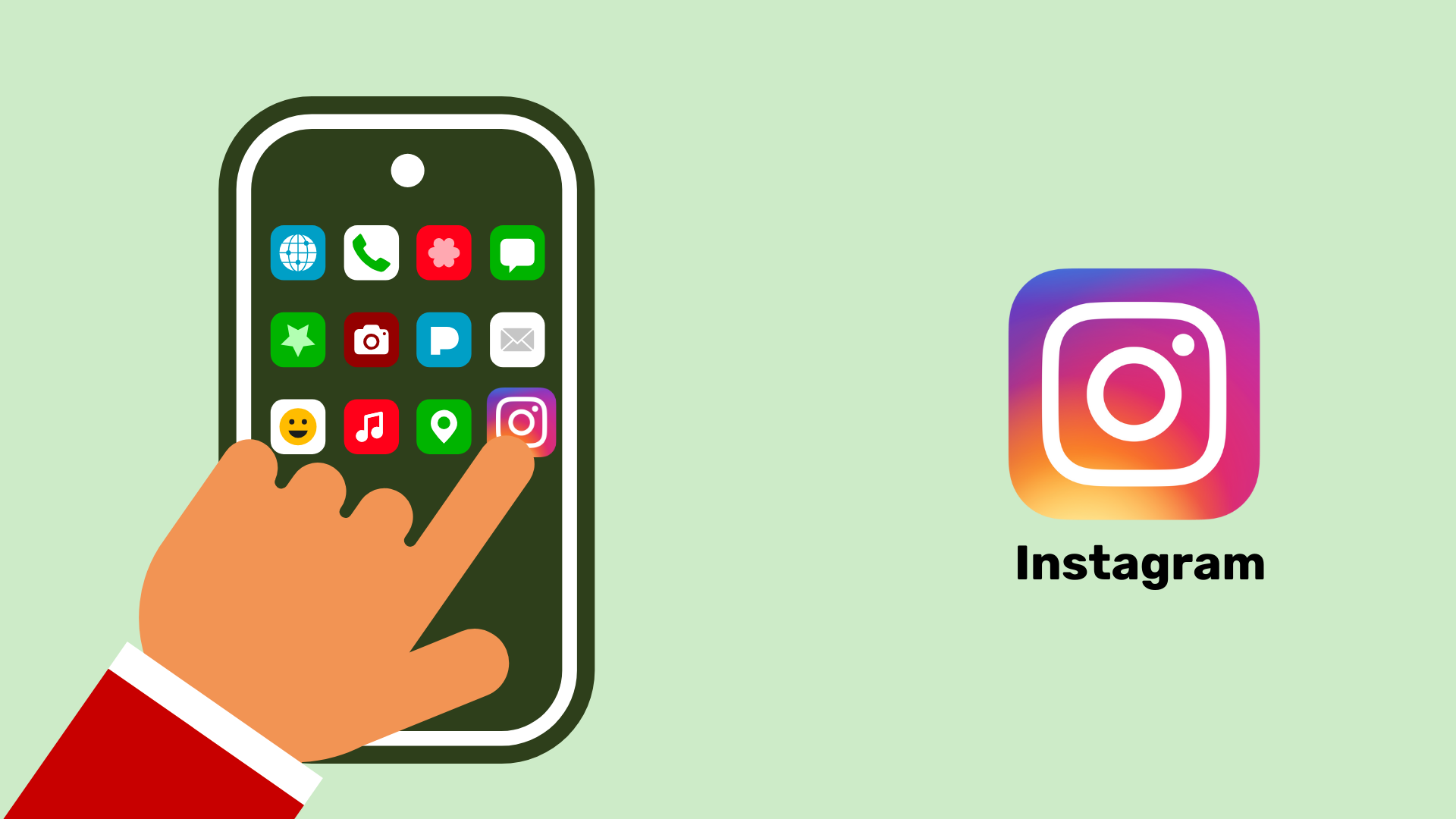 Ein Smartphone mit vielen bunten Apps. Eine Hand tippt auf das Instagram Symbol. Neben dem Bild ist das Instagram Symbol ein zweites Mal in größer dargestellt.