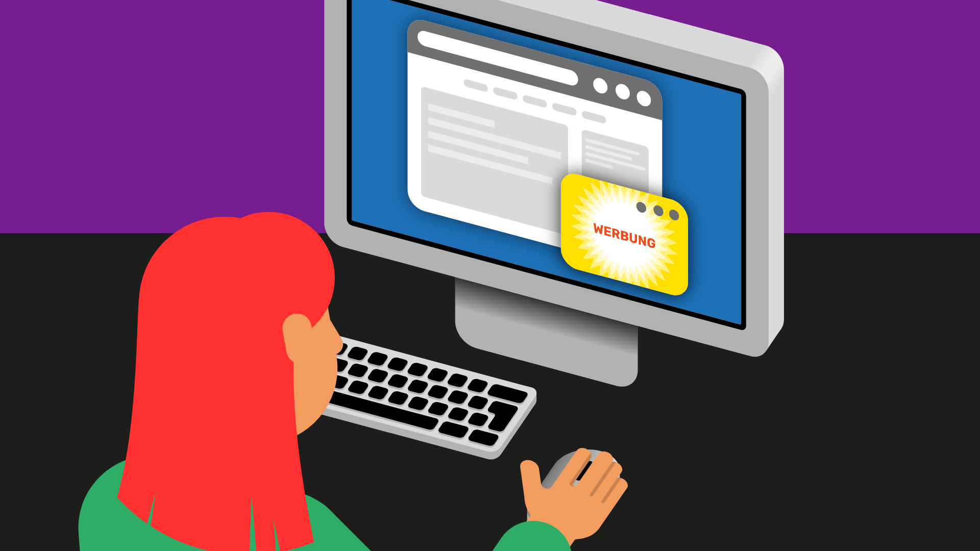 Eine Frau sitzt an einem Computer. Der Bildschirm zeigt ein Pop-up mit Werbung.