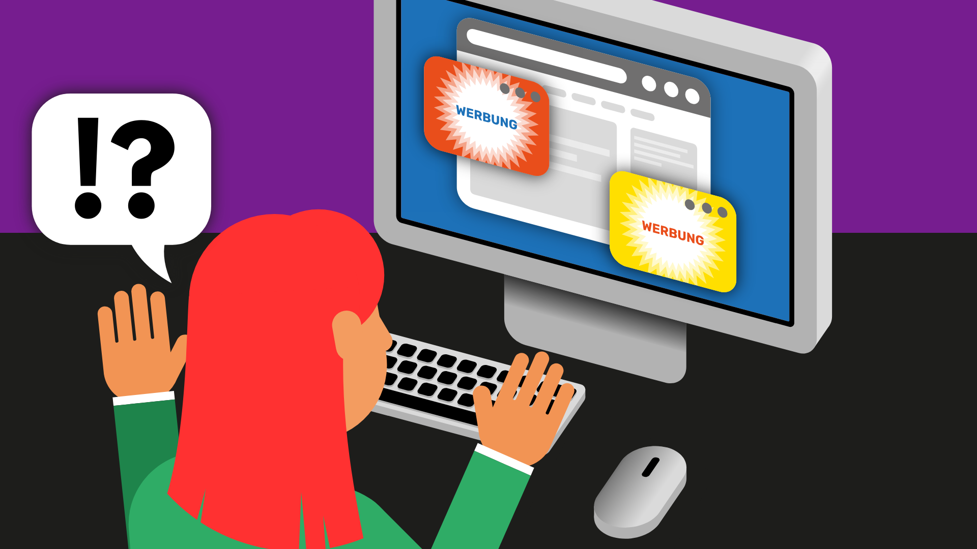 Eine Frau sitzt an einem Computer und ist verwirrt. Der Bildschirm zeigt zwei Pop-ups mit Werbung.