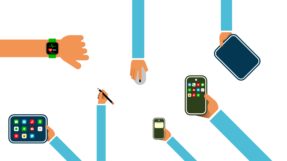 Hände mit verschiedenen Geräten wie Smartphone und Tablet in der Hand zeigen von den Rändern aus in die Mitte