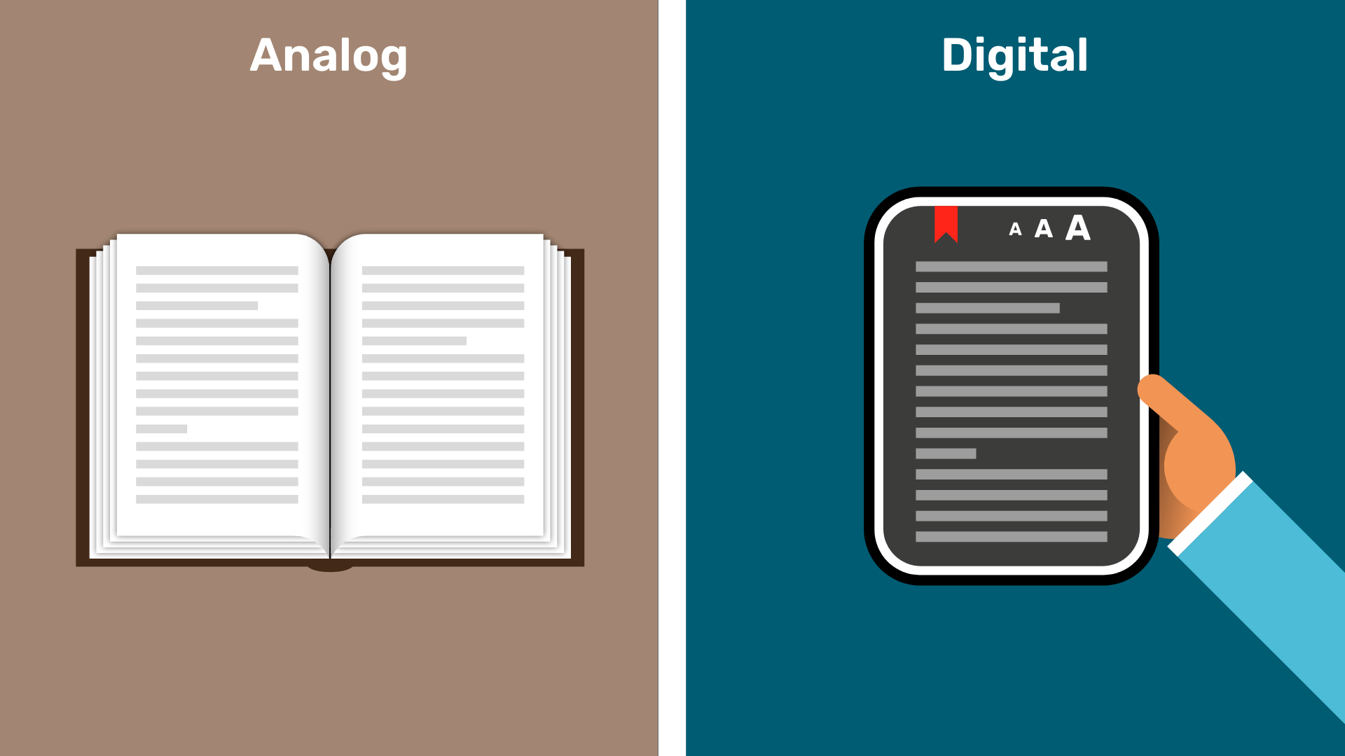 Auf der linken Seite ist ein aufgeschlagenes Buch, auf der rechten Seite eine Hand, die einen eBook-Reader hält.