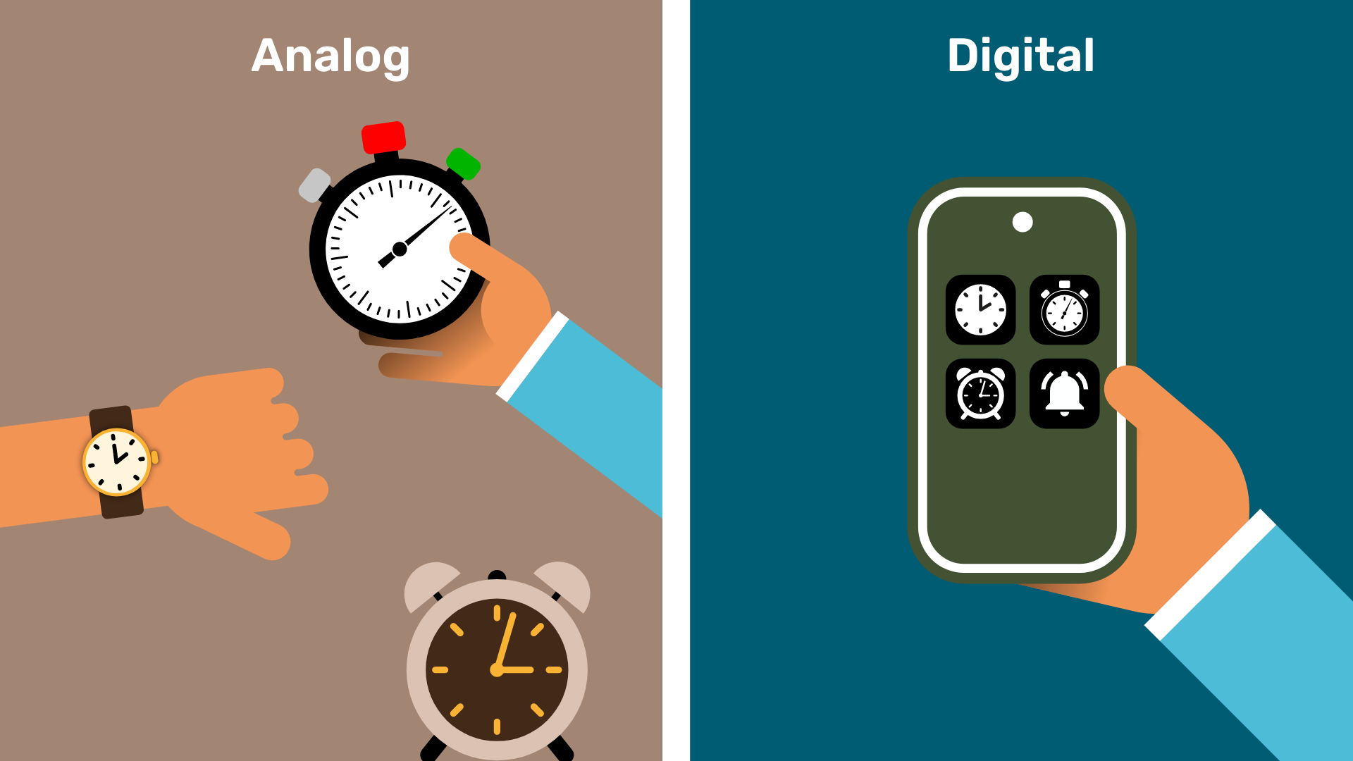 Auf der linken Seite sind ein Wecker, eine Hand mit einer Stoppuhr und ein Arm mit einer Armbanduhr zu sehen. Auf der rechten Seite ist eine Hand, die ein Smartphone hochhält. Auf dem Bildschirm des Smartphones sind Symbole für Uhrzeit, Stoppuhr und Wecker abgebildet.