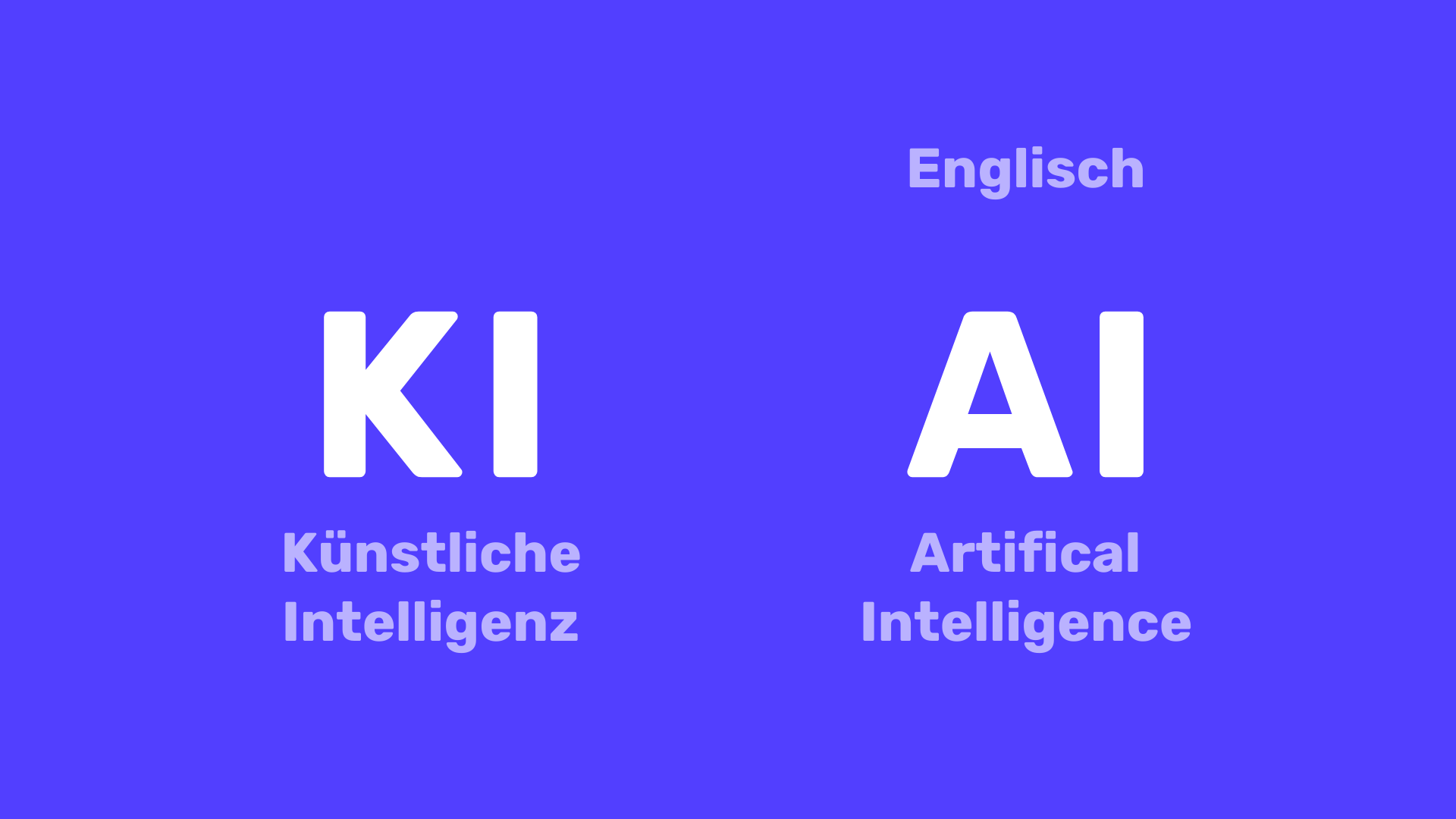 Die Abkürzung "KI" steht in großen Buchstaben auf der linken Seite. Darunter steht die Übersetzung "Künstliche Intelligenz". Auf der rechten Seite steht die Abkürzung "AI", darüber steht "Englisch" und darunter steht "Artificial Intelligence".