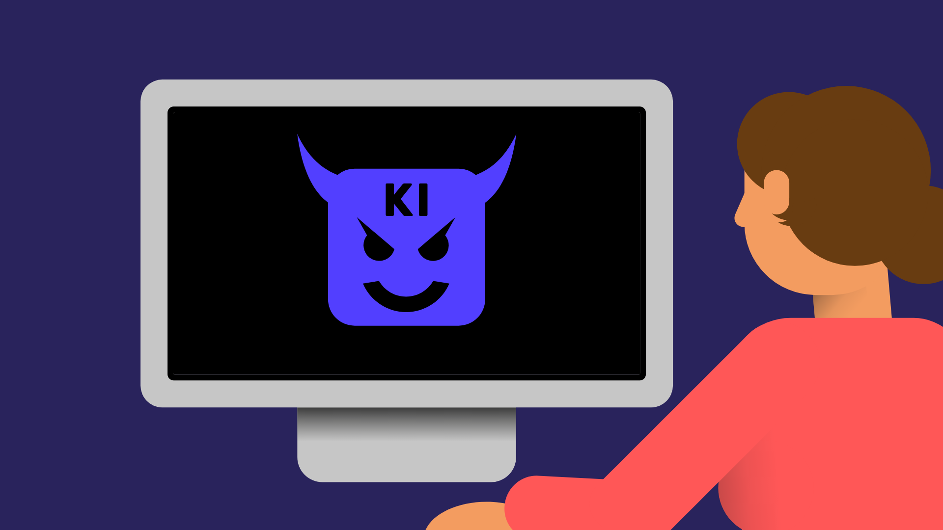 Eine gezeichnete Person sitzt vor einem Computerbildschirm. Auf dem Bildschirm ist ein violettes Teufelchen, das böse grinst. Auf der Stirn des Teufelchens steht "KI". 