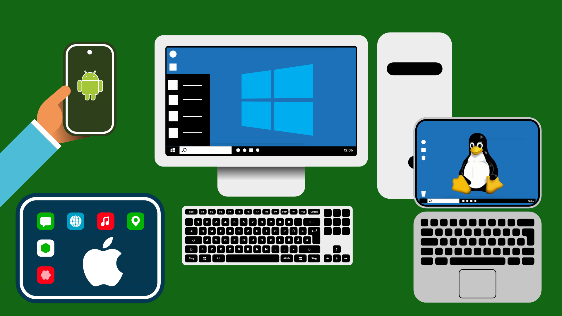 Ein Smartphone, ein Tablet, ein Desktop-Computer und ein Laptop werden gezeigt. Auf dem Smartphone Display ist das Logo von Android. Auf dem Bildschirm vom Tablet ist das Logo von Apple. Auf dem Bildschirm vom Desktop-PC ist das Logo von Windows. Auf dem Bildschirm vom Laptop ist das Logo von Linux.