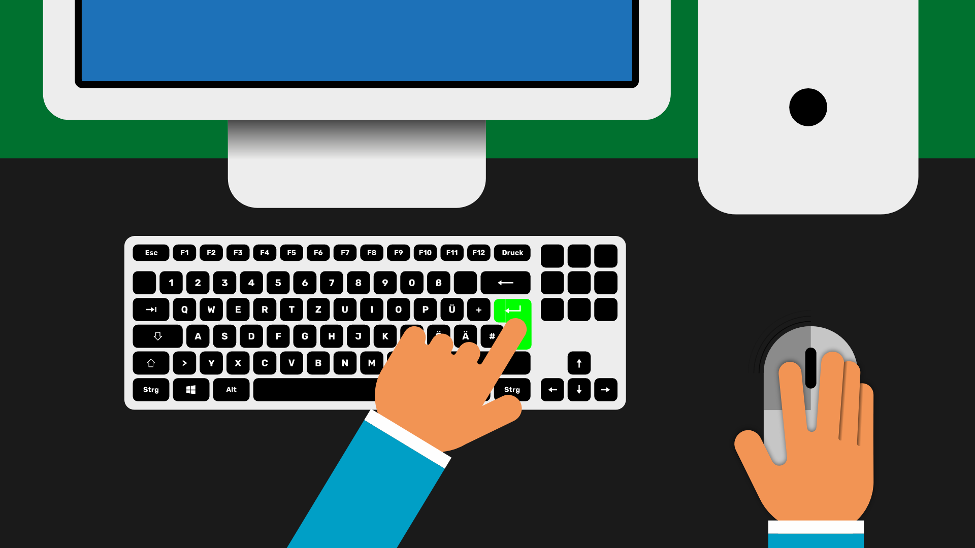 Ein Bildschirm und ein Desktop-PC sind im Hintergrund. Im Vordergrund ist eine Tastatur. Eine Hand drückt die Enter-Taste. Die andere Hand steuert die Computermaus. 