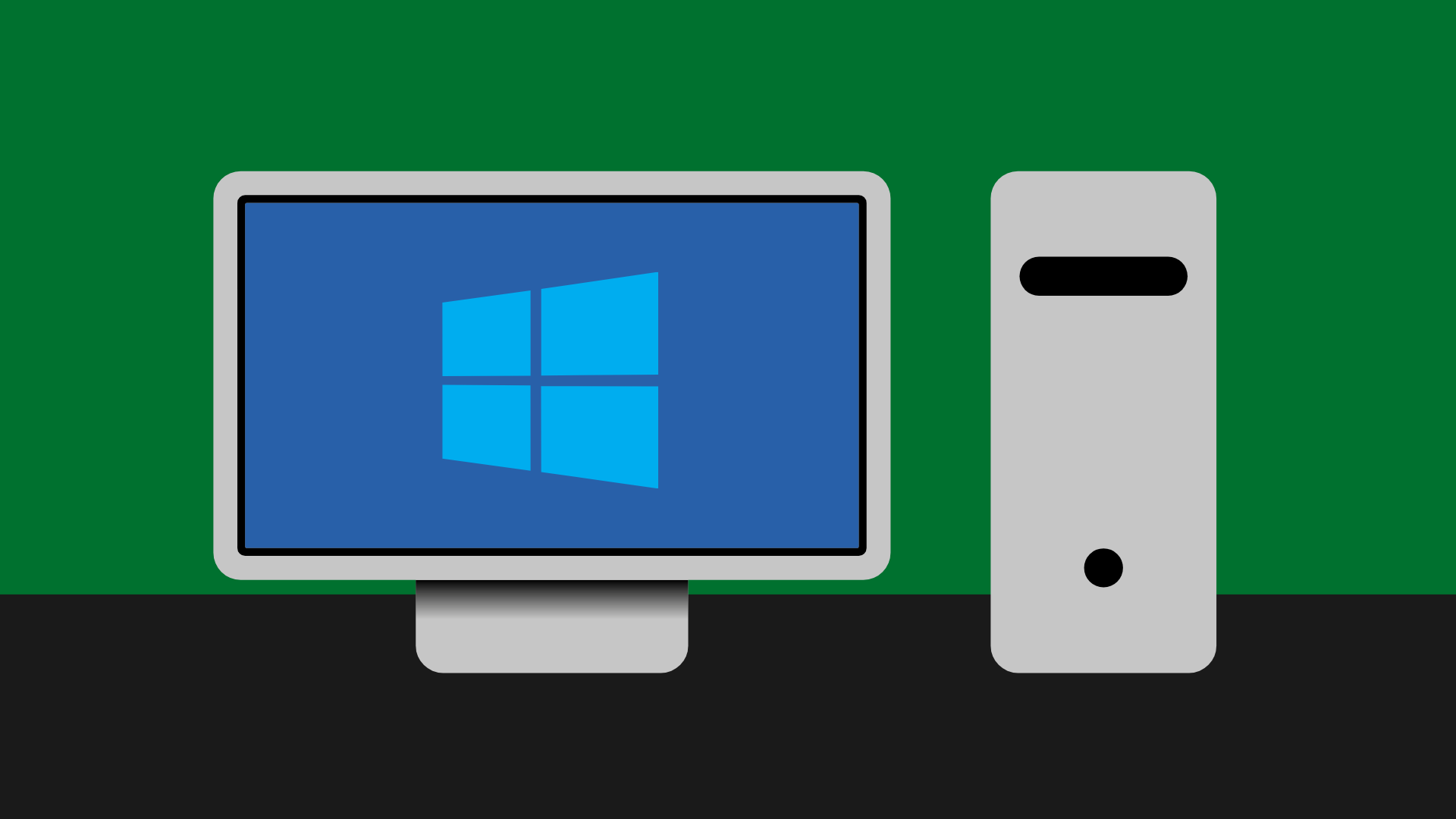 Ein Desktop PC mit Monitor wird gezeigt. Auf dem Monitor ist das Logo von Windows.