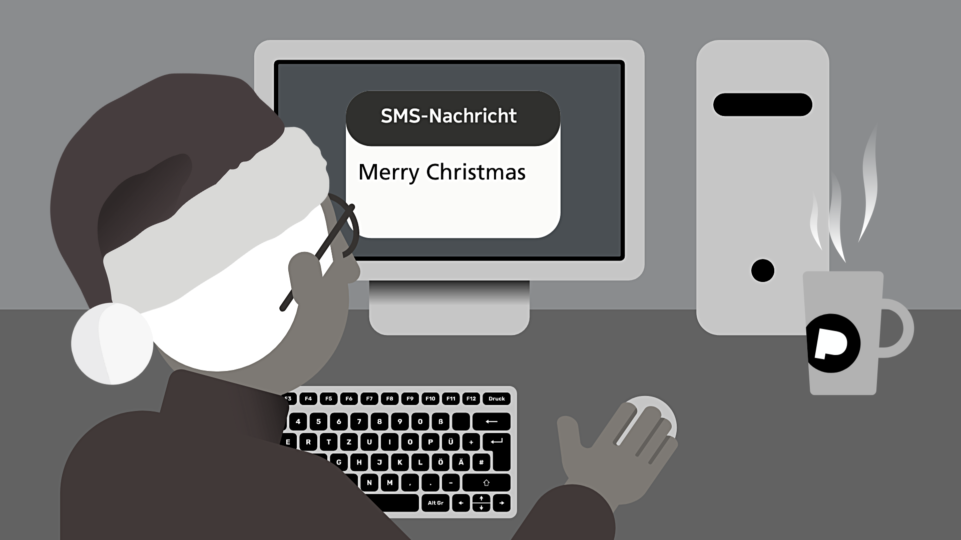 Ein schwarz weiß Bild. Ein Mann mit Weihnachtsmannmütze sitzt vor einem Computer. Auf dem Bildschirm eine SMS mit dem Text "Merry Christmas"