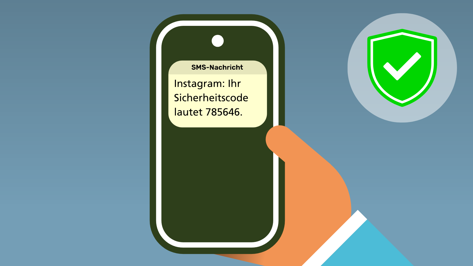 Eine Hand hält ein Handy. Auf dem Bildschirm eine SMS mit dem Text: "Instagram: Ihr Sicherheitscode lautet 785646." 