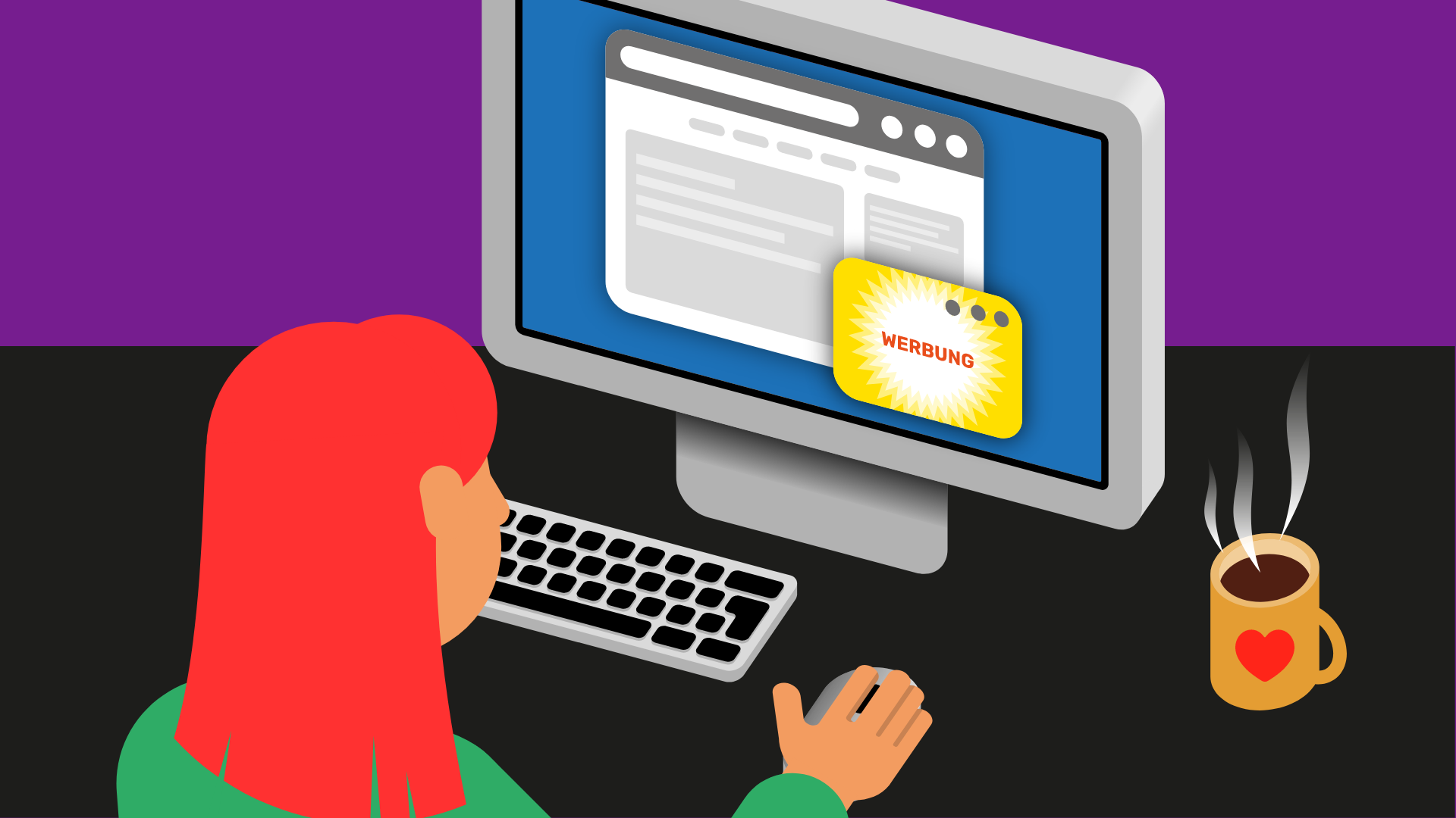 Eine Frau sitzt an einem Computer. Der Bildschirm zeigt ein Pop-up mit Werbung.