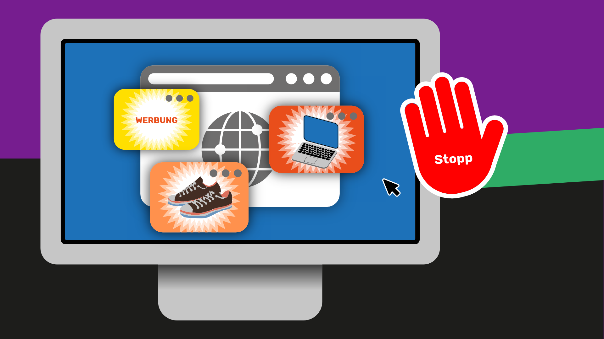 Ein Bildschirm zeigt drei Pop-ups mit Werbung. Rechts daneben eine rote Hand mit der Aufschrift "Stopp!".