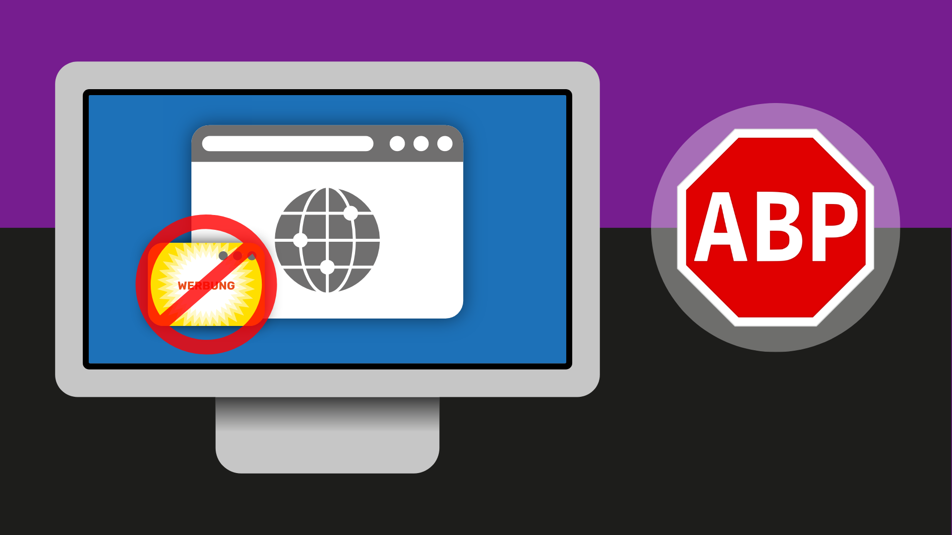 Ein Bildschirm zeigt ein durchgestrichenes Pop-up mit Werbung. Rechts daneben ist das Logo von AdBlock Plus zu sehen.