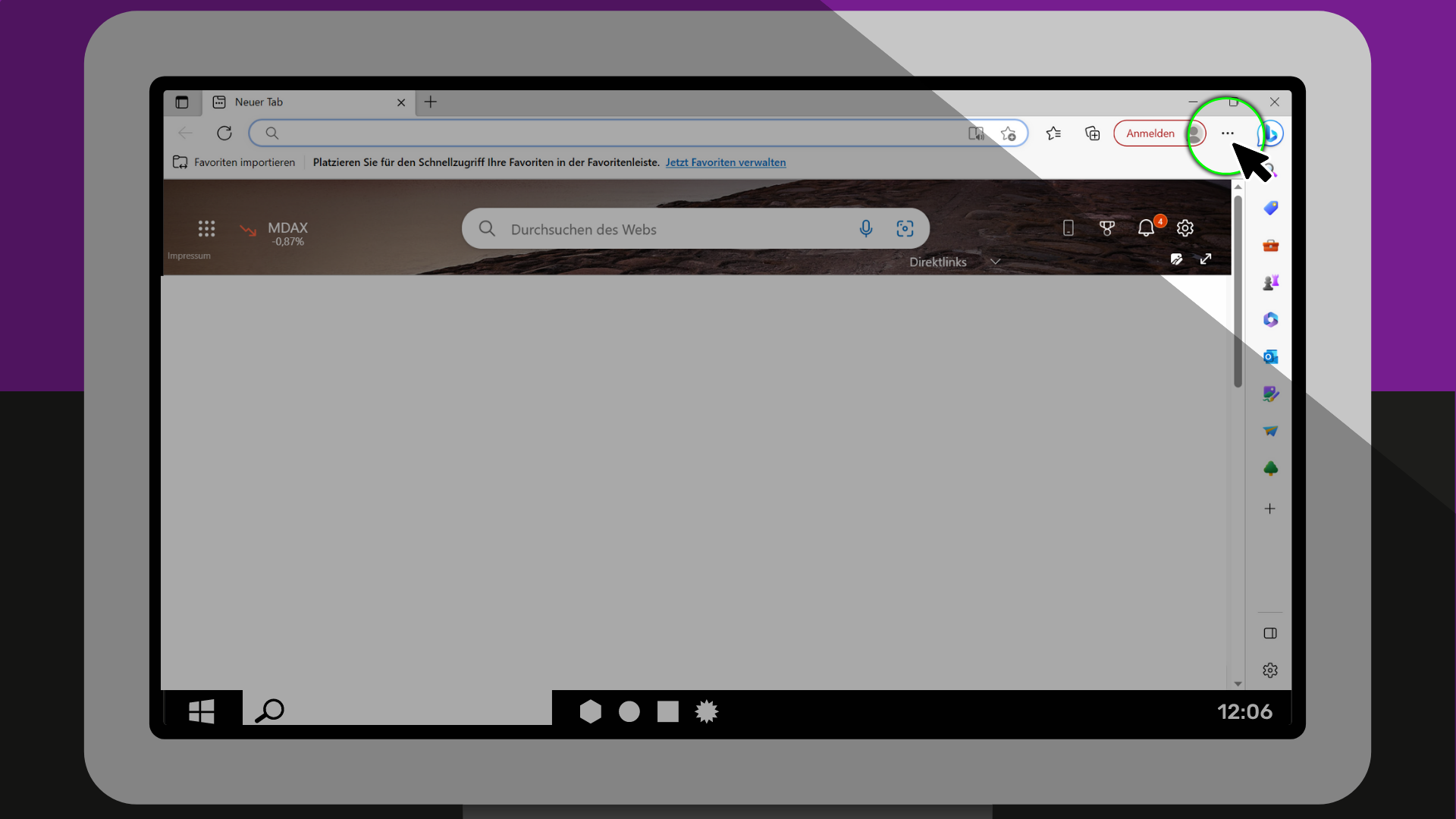 Ein Bildschirm mit einem Screenshot. Der Screenshot zeigt einen Browser. Der Mauszeiger zeigt auf die drei Punkte oben rechts im Browser.