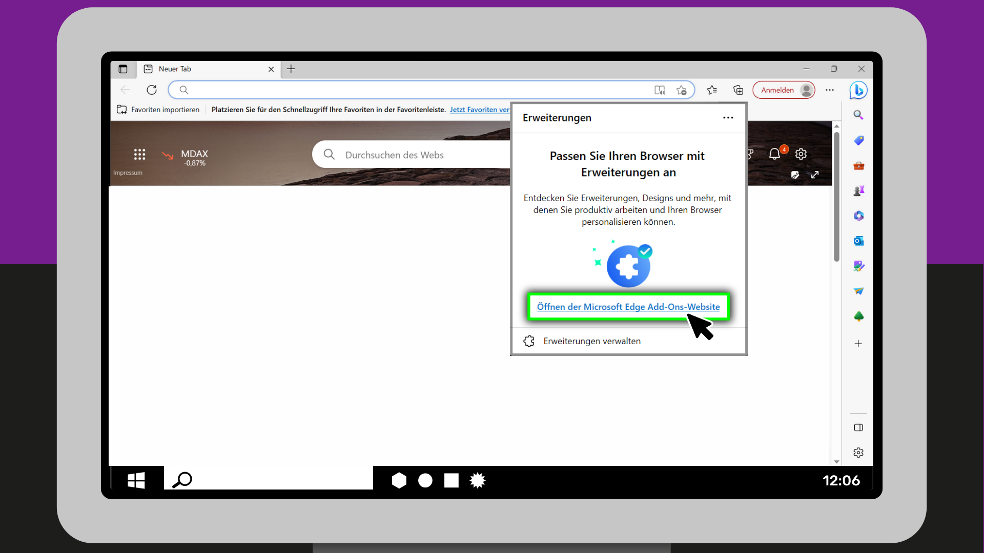 Ein Bildschirm mit einem Screenshot. Der Screenshot zeigt einen Browser. Der Mauszeiger zeigt auf "Öffnen der Microsoft Add-ons Website".