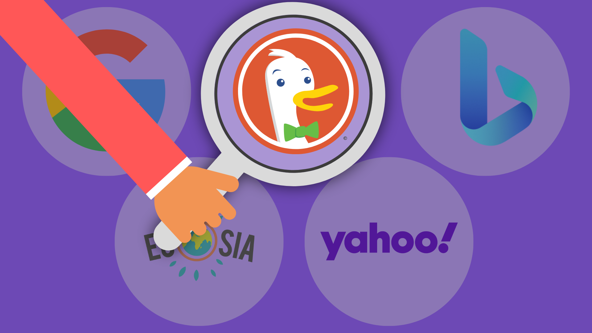 Hand mit Lupe zeigt auf das DuckDuckGo Logo, daneben ausgeblendet sind die Bing, yahoo, ecoasia und google Logos