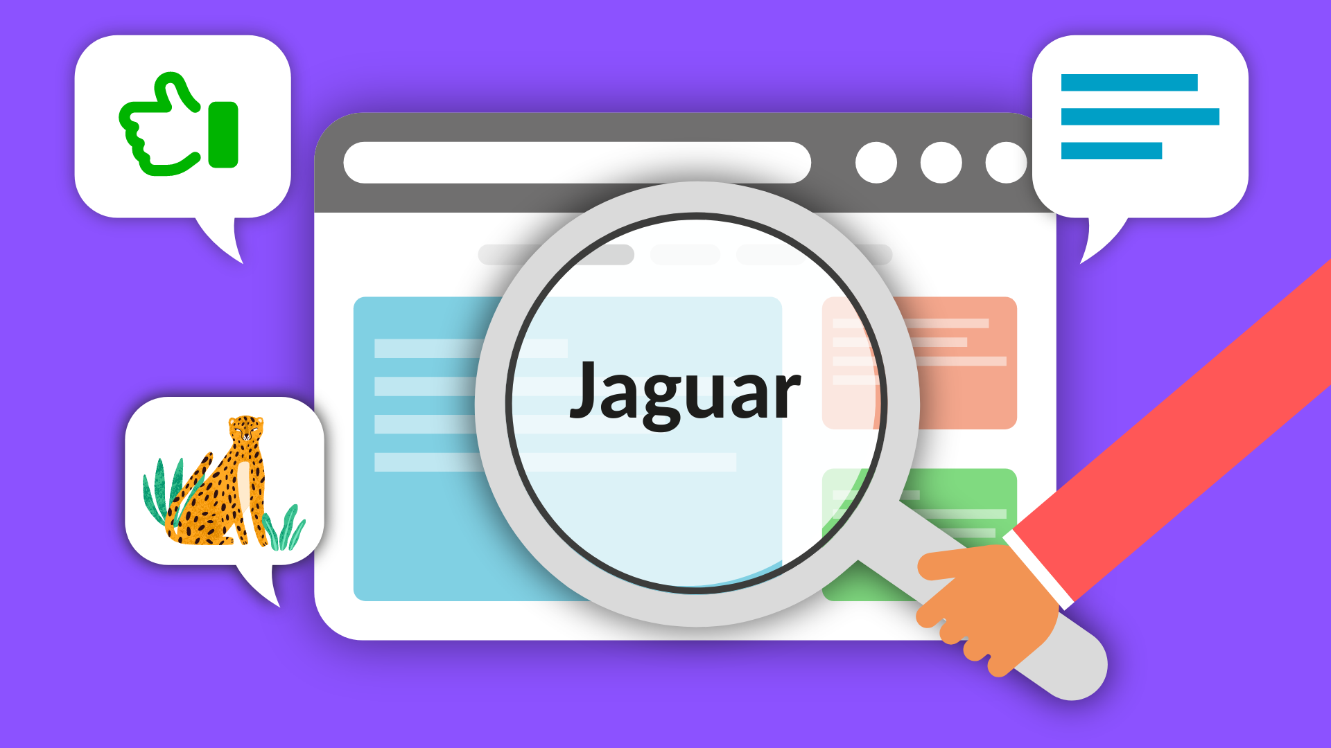 Internetseite darum drei Sprechblasen mit Text, einem Jaguar Bild und einem Daumenhoch. Eine Hand hält eine Große Lupe vor die Internetseite. In der Lupe steht das Wort Jaguar.