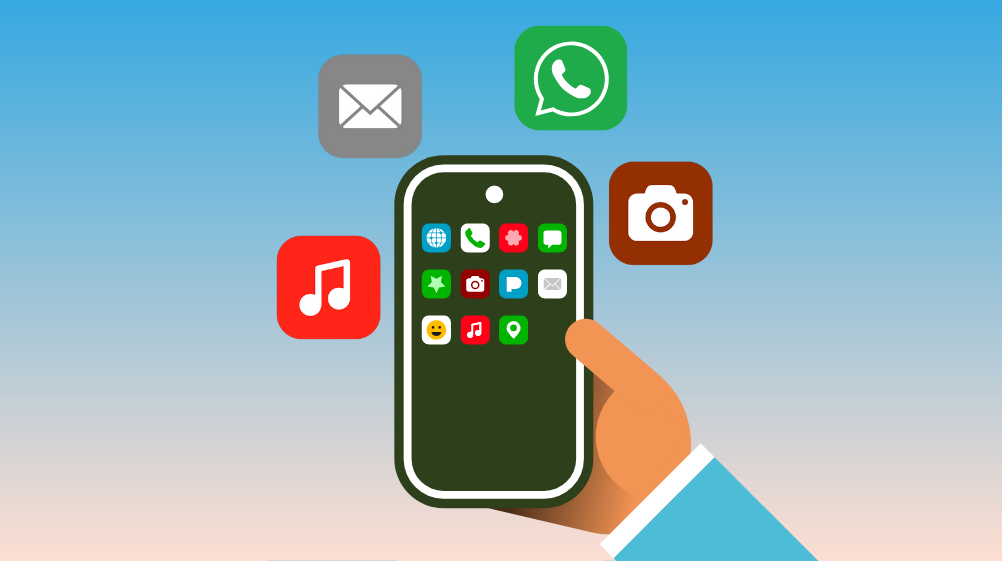 Eine Hand hält ein Smartphone. Darum sind vier verschiedene Apps: Musik, Email, WhatsApp und Kamera.