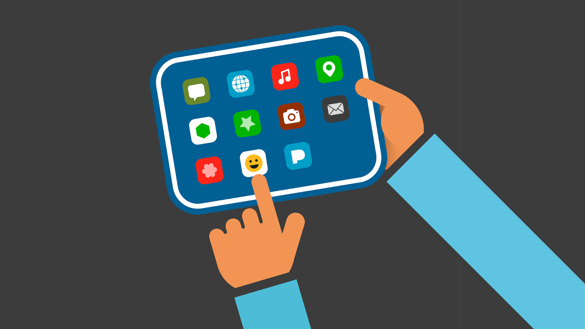 Eine Hand hält ein blaues Tablet mit verschieden Apps. Die andere Hand zeigt auf eine App mit Smiley Gesicht.